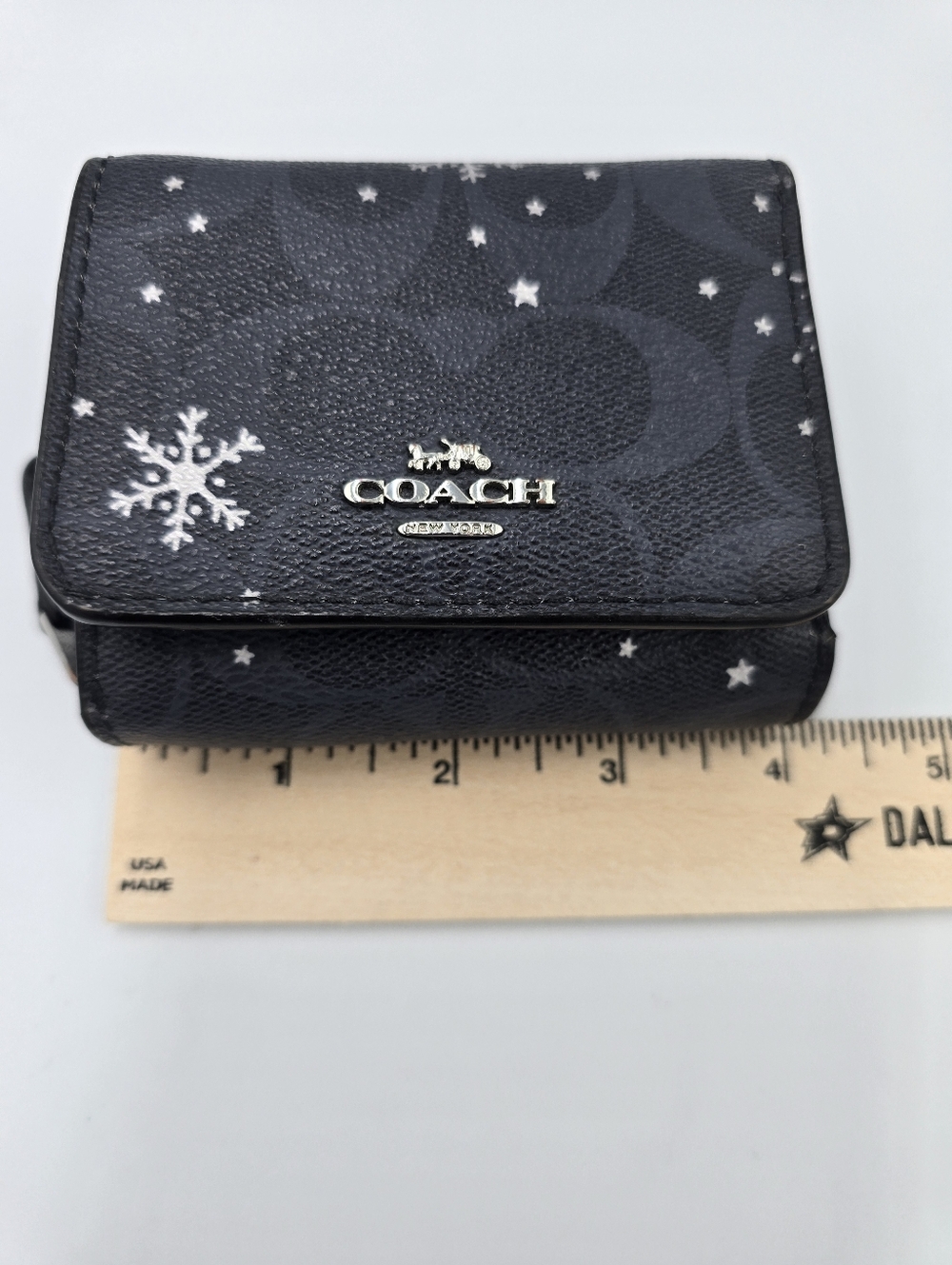 COACH Navy Blue Signature Snowflake Compact Trifold Wallet with Silver Logo - Picture 3 of 15